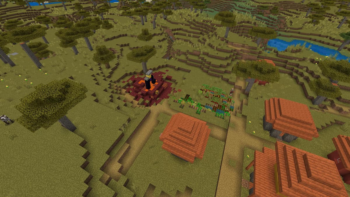 A ruined Nether portal missing two obsidian blocks next to a Savanna Village in Minecraft