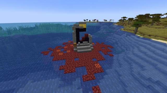 A ruined Nether portal floating on a patch of Netherrack on a Minecraft ocean