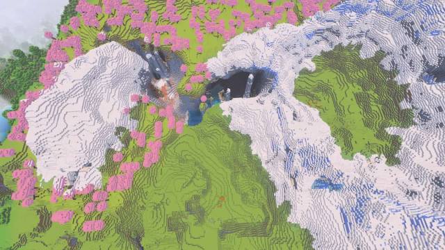 A Minecraft world that starts in a mix of Cherry Grove and Plains biomes next to several snowy mountains with deep Dripstone Caves