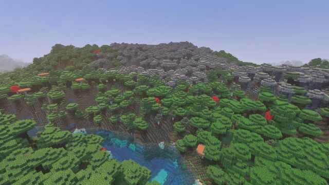A Minecraft forest made up of Pale Garden and Roofed Forest biomes