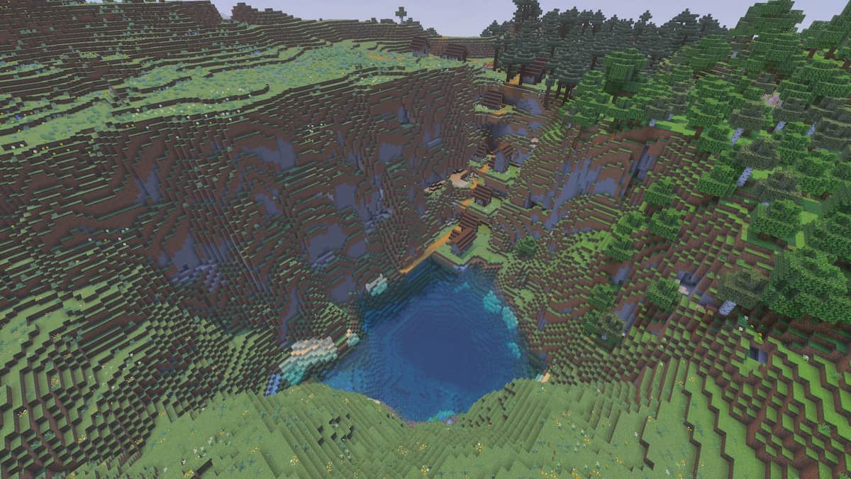 A Taiga Village on the side of a Minecraft Meadow biome with a lake in a crater