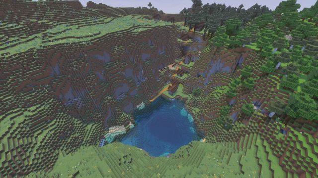 A Taiga Village on the side of a Minecraft Meadow biome with a lake in a crater