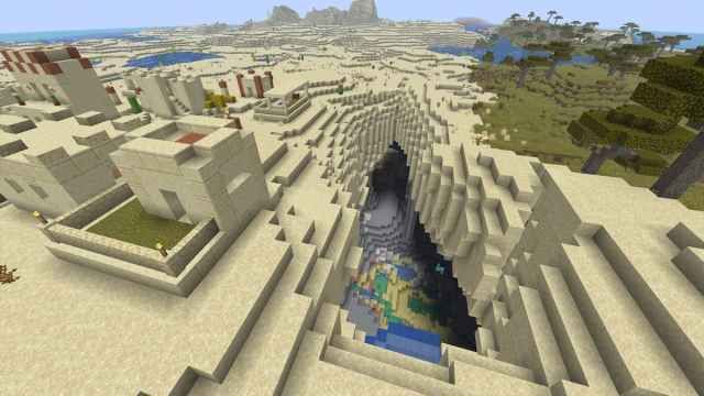 A Minecraft Desert Village on top of a Sulfur Cave biome that is also home to a Desert Temple