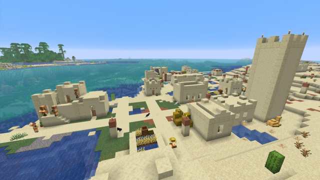 A Desert Village on the edge of a small Desert island next to a Coral Reef in Minecraft