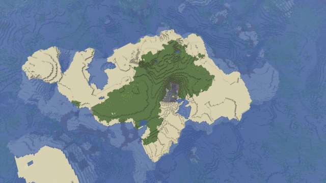 A Minecraft island made of Beach and Sunflower Plains biomes with a cave in the center