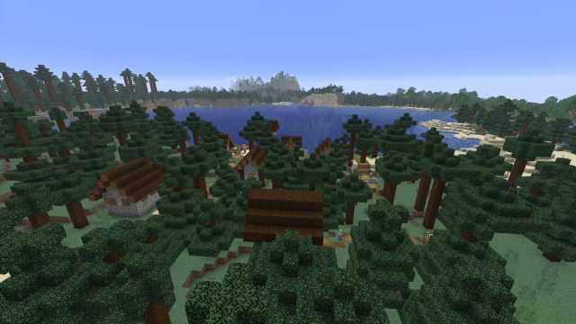 A Taiga Village on the edge of a Minecraft lake