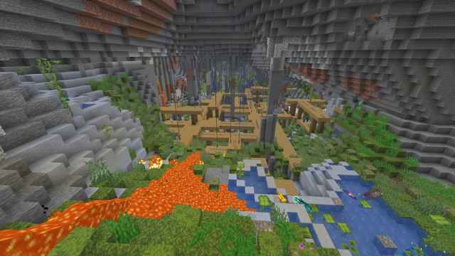 A large mineshaft inside of a Lush Cave in Minecraft