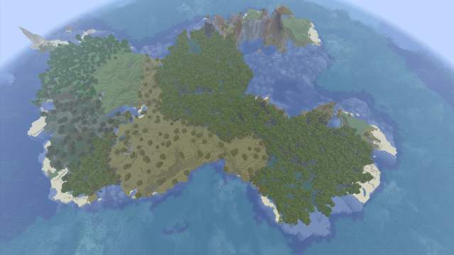 An island made up of Mangrove Swamp, Plains, and Savanna biomes in Minecraft