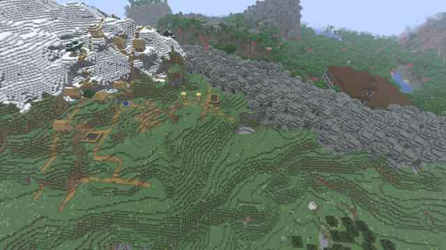 A Minecraft Plains Village on the side of a mountain next to a Pale Garden biome and a Woodland Mansion