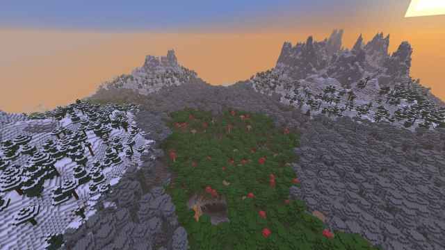 A giant Pale Garden biome between several mountains in Minecraft