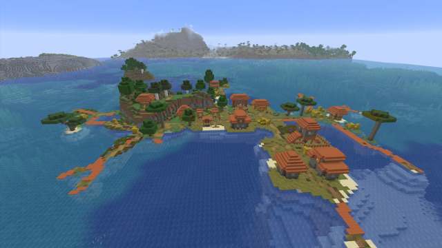 A Savanna Village floating in a Lukewarm Ocean a short distance from a larger continent in Minecraft