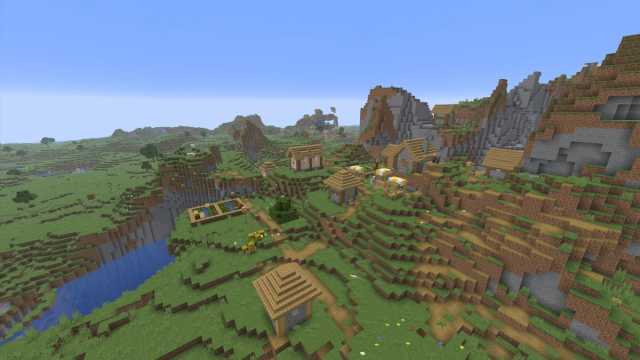 Two Minecraft Villages on the sides of hills, including one with a Blacksmith