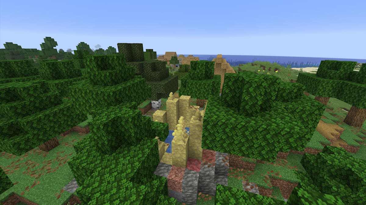 A Sulfur Spring marking the location of a Sulfur Cave next to a Plains Village in Minecraft