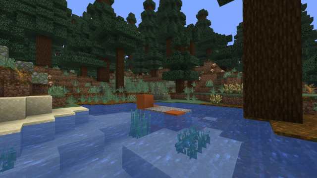 A set of Trail Ruins inside of a river in Minecraft