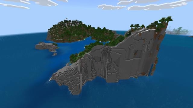 A Minecraft island made up of Stony Shore and Forest biomes