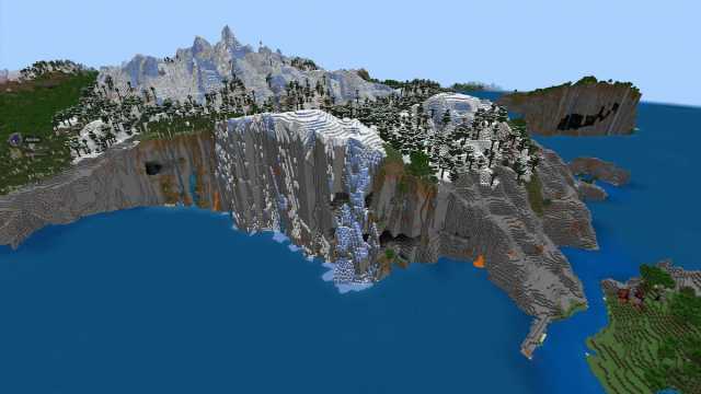 A steep set of cliffs next to a Minecraft ocean