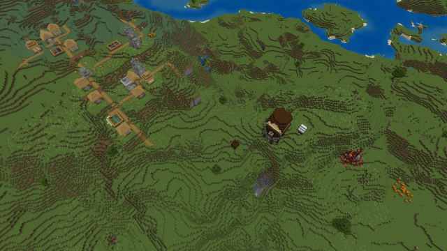 Meadow and Plains biomes with a Plains Village, a Pillager Outpost, and a ruined Nether portal in Minecraft