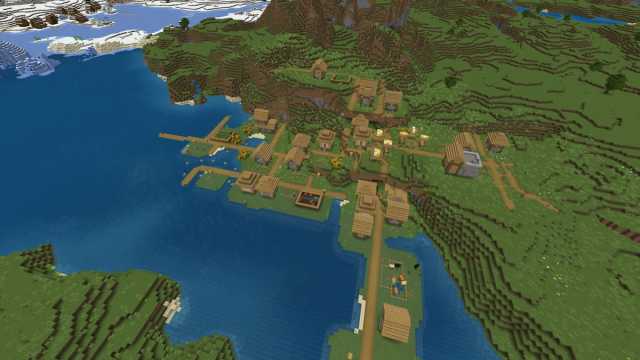 A large Minecraft Plains Village with a blacksmith, and a Snowy Village in the background