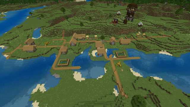 A large Minecraft Plains Village next to a ruined Nether portal and a Pillager Outpost