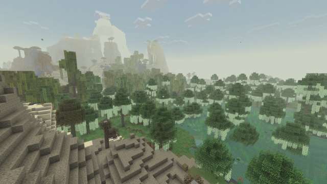 A Bayou biome between a Windswept Savanna and a Wasteland in Minecraft's Biomes O Plenty mod