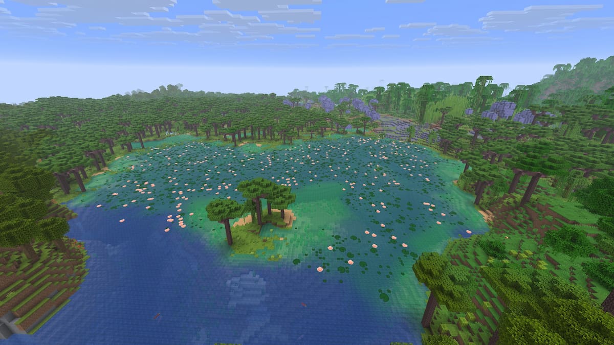 A lake made up of a Rainforest biome in a Minecraft world modded with the Biomes O Plenty mod