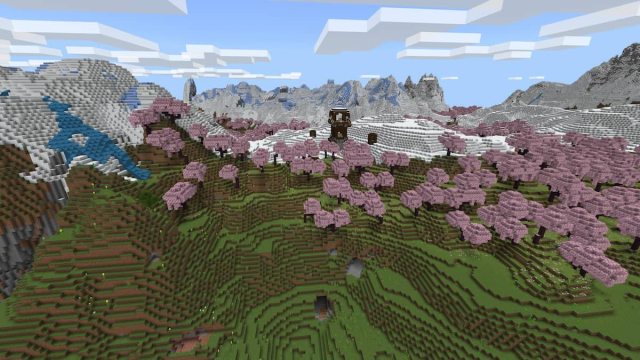 A Pillager Outpost on top of a Minecraft mountain with Cherry Grove and Snowy Slopes biomes