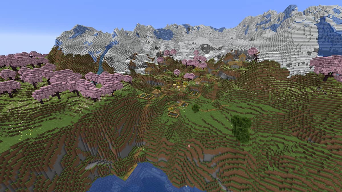 A Plains Village inside of a Cherry Grove on the side of a Snowy Slopes mountain in Minecraft
