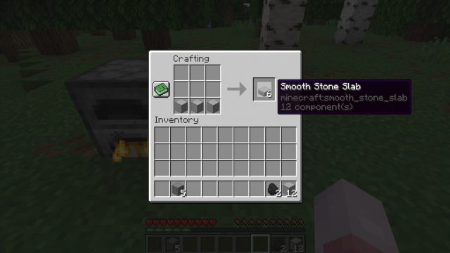 The crafting recipe for a Smooth Stone Slab on a Crafting Table in Minecraft