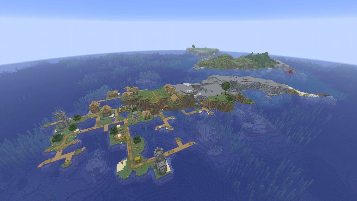 A large Minecraft Plains Village on the edge of a Stony Shores biome
