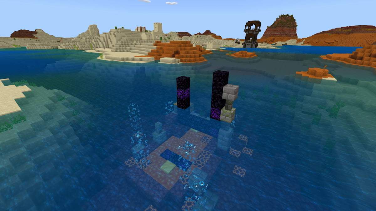 A ruined Nether portal with lava underneath a Minecraft ocean