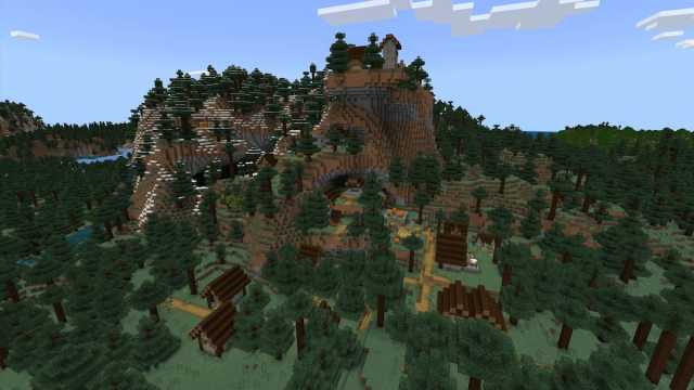 A Taiga Village on top of a hill in Minecraft