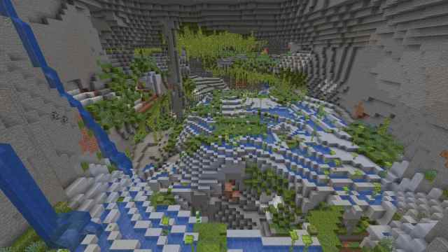 A large Lush Cave beneath a Minecraft mountain