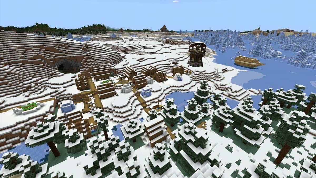 A Minecraft Snowy Village next to a Pillager Outpost and a floating shipwreck