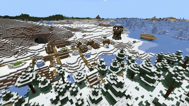A Minecraft Snowy Village next to a Pillager Outpost and a floating shipwreck