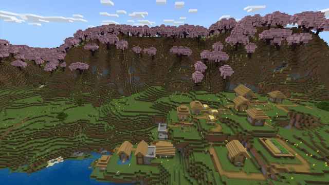 A Plains Village with two Blacksmiths on the edge of a Cherry Grove biome in Minecraft