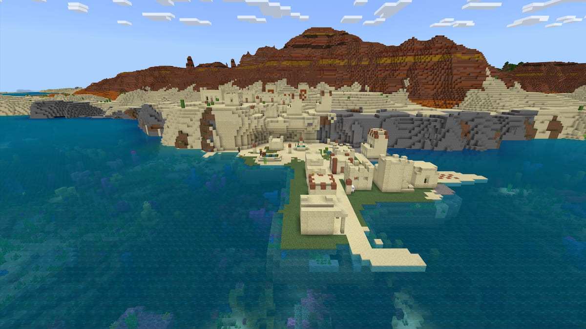A Desert Village on the edge of a Warm Ocean with a Coral Reef in Minecraft