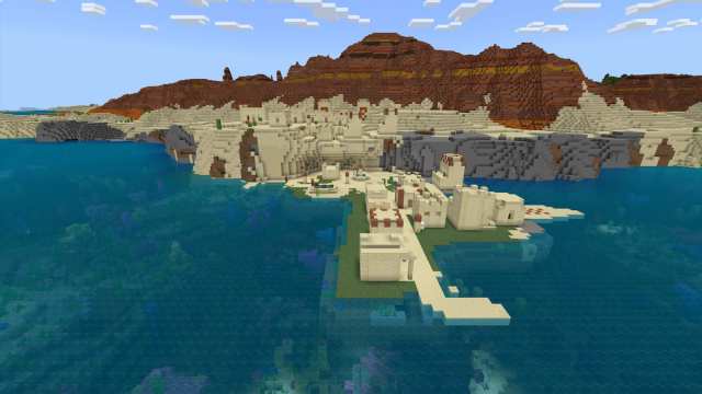 A Desert Village on the edge of a Warm Ocean with a Coral Reef in Minecraft