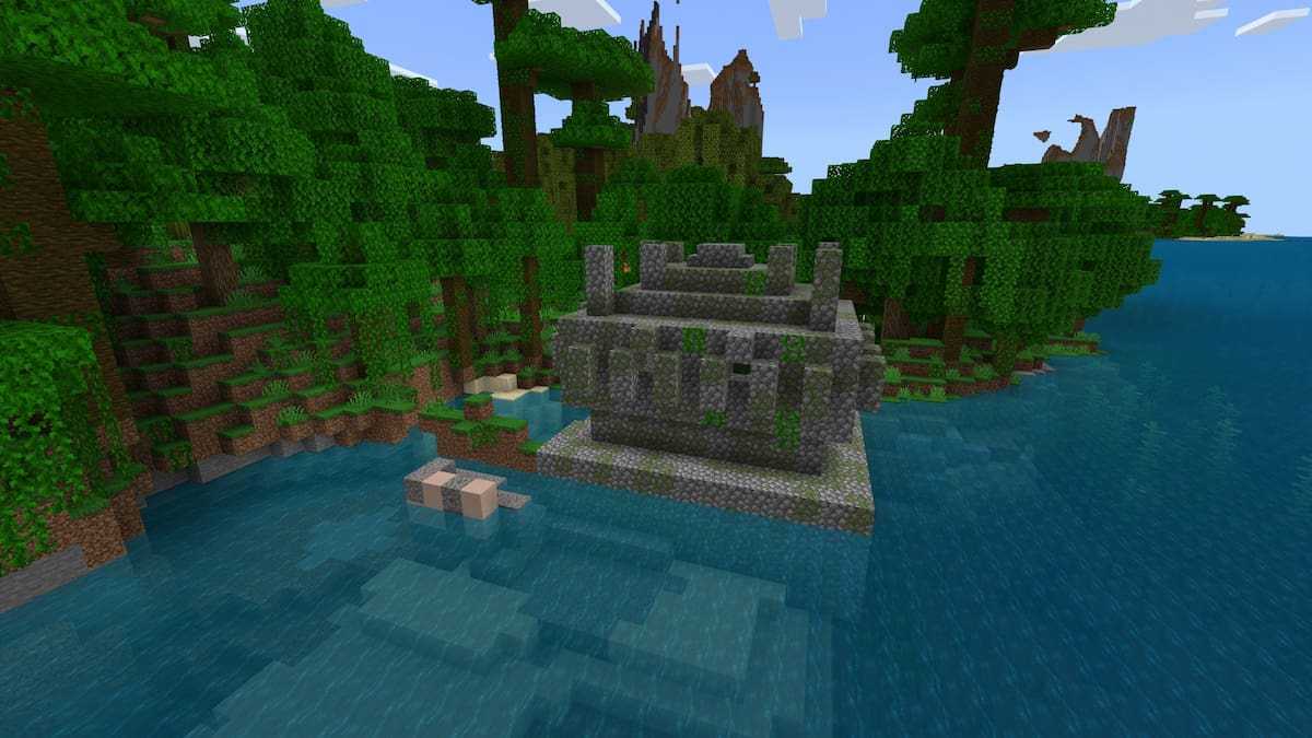 A set of Minecraft Trail Ruins with a Jungle Temple in the ocean