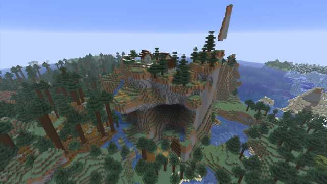 A Minecraft Taiga Village built on top of a small towering hill