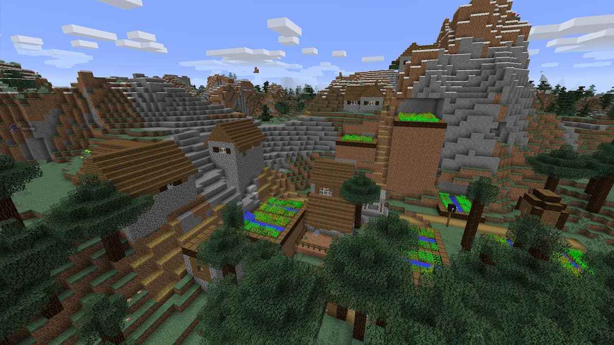 A Minecraft Taiga Village with tall buildings and a very tall farm