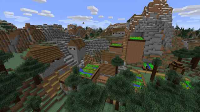 A Minecraft Taiga Village with tall buildings and a very tall farm
