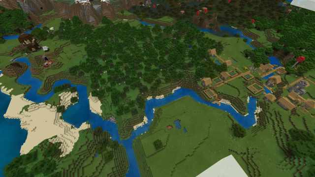 A Minecraft Plains Village near a Pillager Outpost with a ruined Nether portal