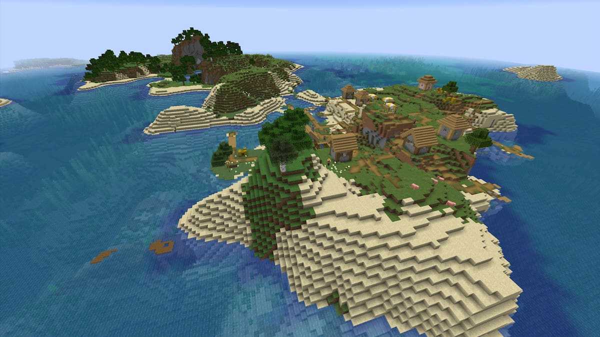 A shipwreck on an island with a Plains Village in Minecraft
