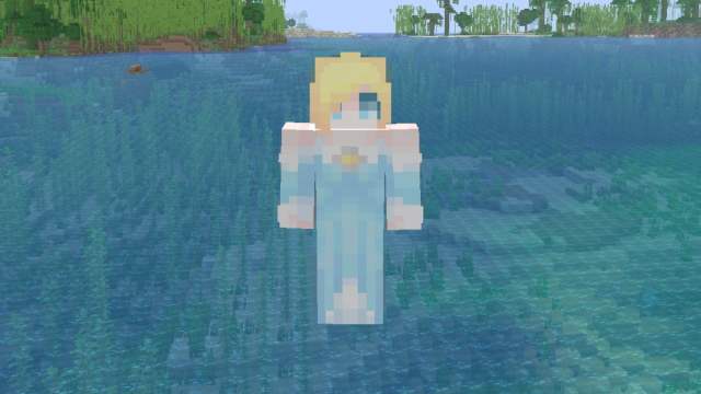 A Minecraft skin of Rosalina from the Super Mario Galaxy movie designed by AngelyMG