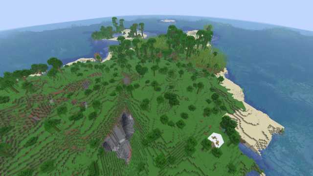 A Minecraft coast with a shipwreck and an Abandoned Camp