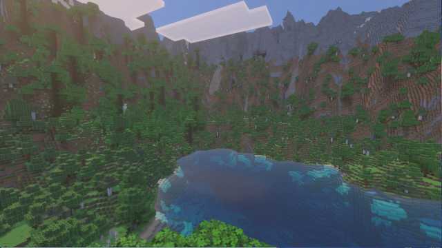 A Minecraft Stony Peaks and Jungle mountain surrounding a lake