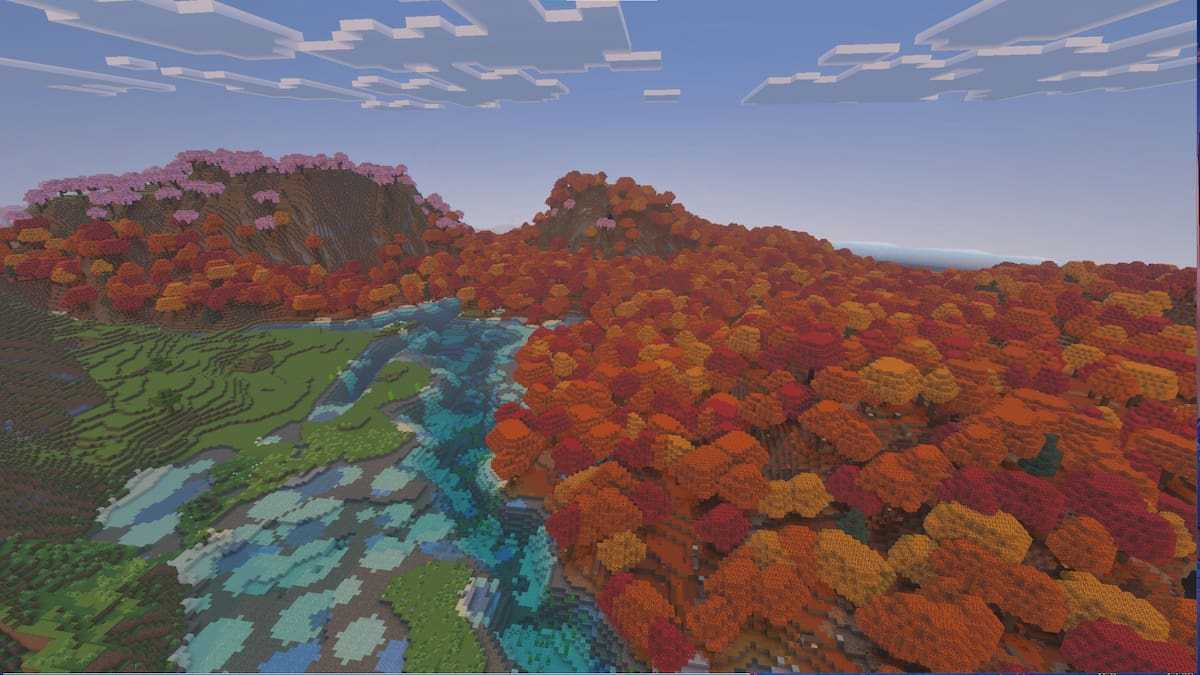 A large Dappled Forest biome with a Cherry Grove in Minecraft