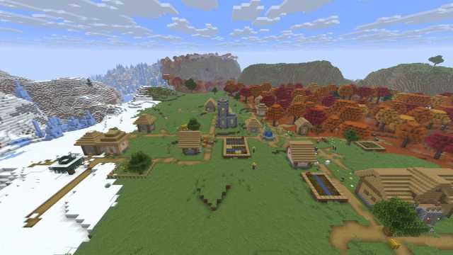 A Minecraft Plains Village near a Dappled Forest, a Cherry Grove, and an Ice Spikes biome