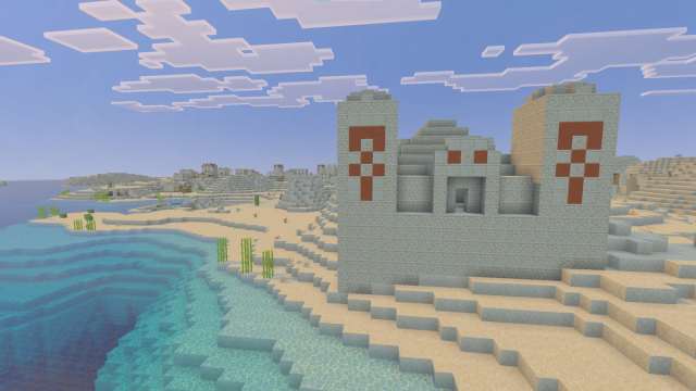 A tall Desert Temple and a Desert Village on a Minecraft island