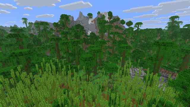 A Jungle Temple in a Bamboo Jungle next to a Stony Peaks mountain in Minecraft